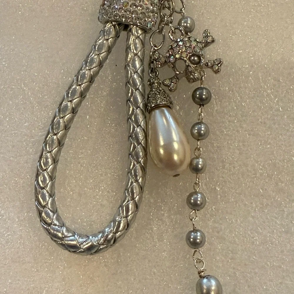 Silver Braided Skull & Pearl Keychain - Rhinestone Punk Glam Purse Charm - New